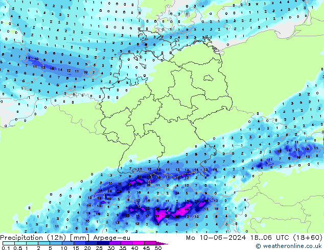 Precipitation (12h) Arpege-eu Mo 10.06.2024 06 UTC