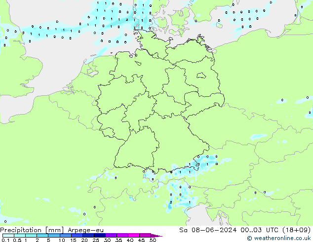 Precipitazione Arpege-eu sab 08.06.2024 03 UTC