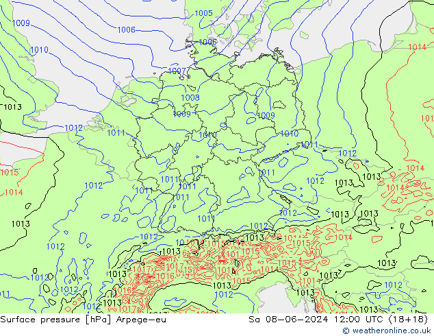 Pressione al suolo Arpege-eu sab 08.06.2024 12 UTC