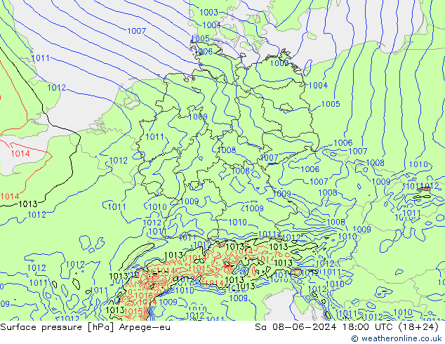 Atmosférický tlak Arpege-eu So 08.06.2024 18 UTC