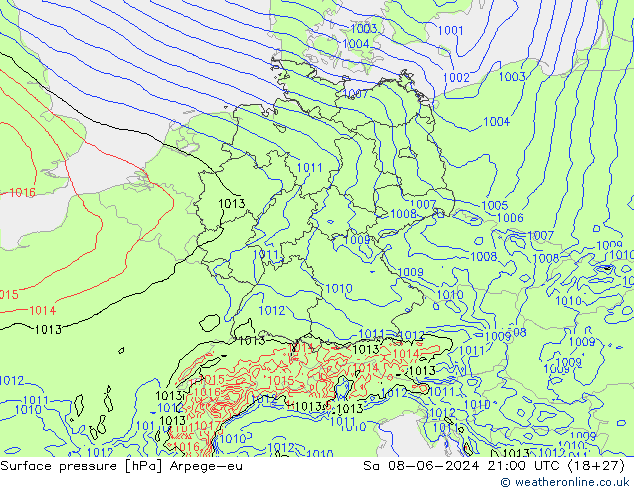 Surface pressure Arpege-eu Sa 08.06.2024 21 UTC