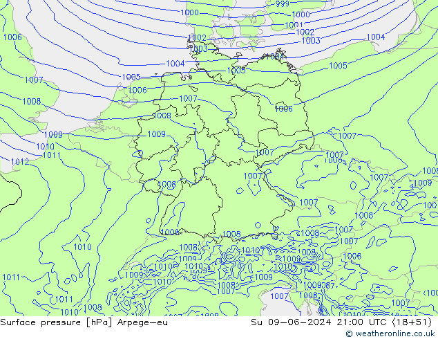 Surface pressure Arpege-eu Su 09.06.2024 21 UTC