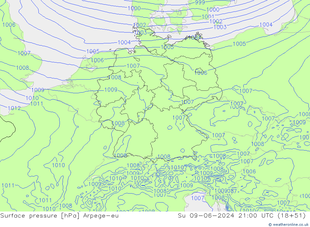 Surface pressure Arpege-eu Su 09.06.2024 21 UTC