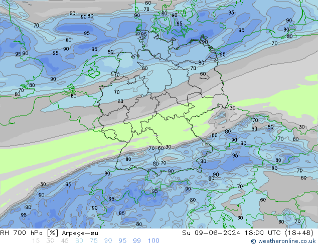 RH 700 hPa Arpege-eu Su 09.06.2024 18 UTC