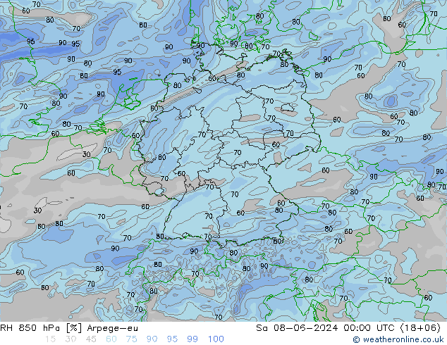 RH 850 hPa Arpege-eu So 08.06.2024 00 UTC