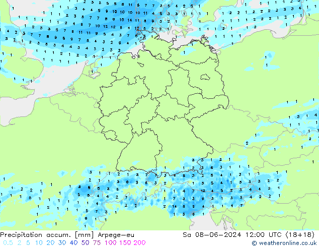 Totale neerslag Arpege-eu za 08.06.2024 12 UTC
