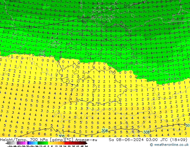 Height/Temp. 700 hPa Arpege-eu Sa 08.06.2024 03 UTC