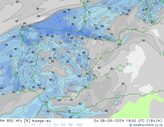 RH 850 гПа Arpege-eu сб 08.06.2024 18 UTC