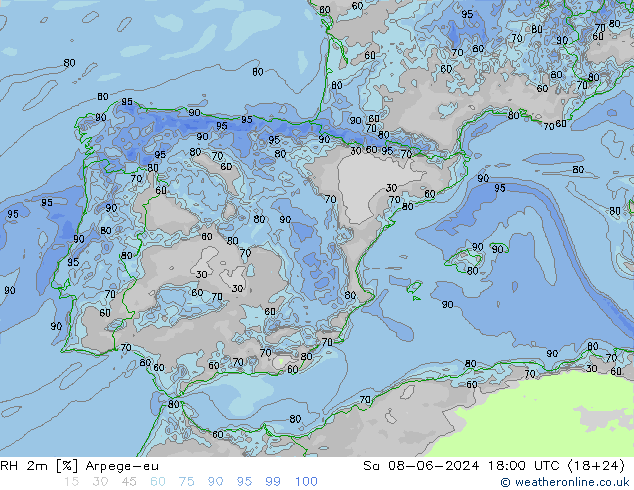 RH 2m Arpege-eu so. 08.06.2024 18 UTC