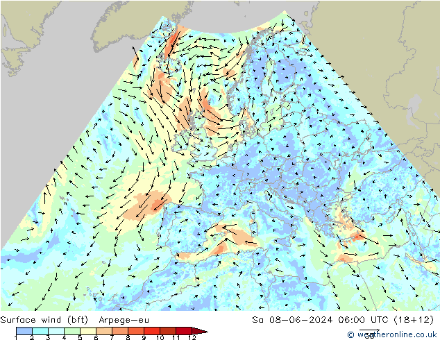 Surface wind (bft) Arpege-eu Sa 08.06.2024 06 UTC