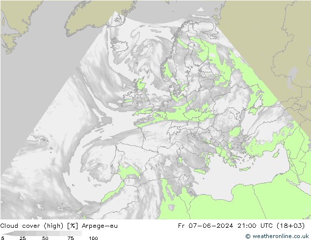 Cloud cover (high) Arpege-eu Fr 07.06.2024 21 UTC