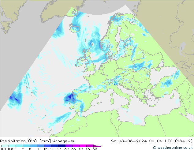 осадки (6h) Arpege-eu сб 08.06.2024 06 UTC