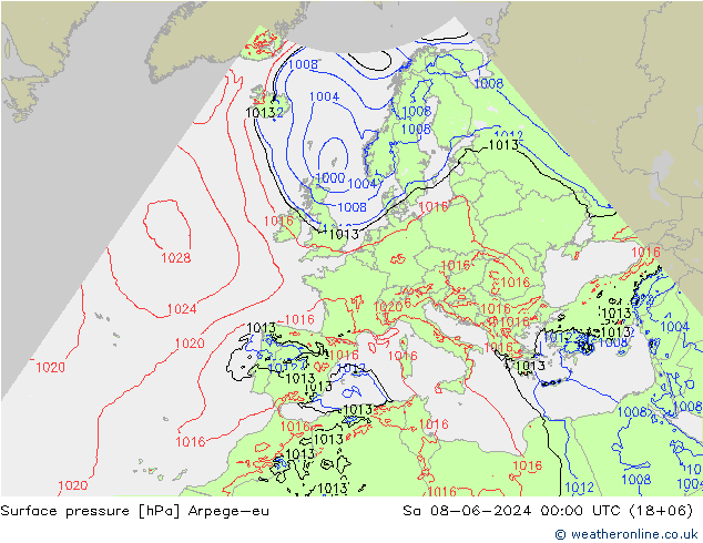 Presión superficial Arpege-eu sáb 08.06.2024 00 UTC