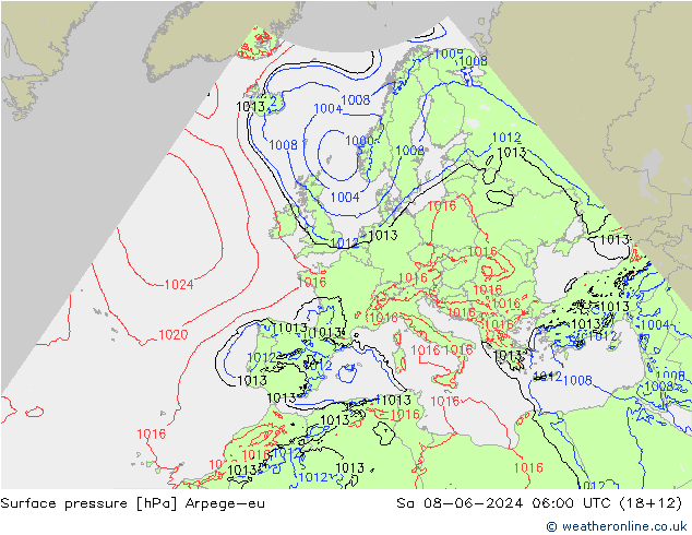 Atmosférický tlak Arpege-eu So 08.06.2024 06 UTC