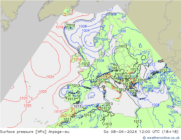 Presión superficial Arpege-eu sáb 08.06.2024 12 UTC