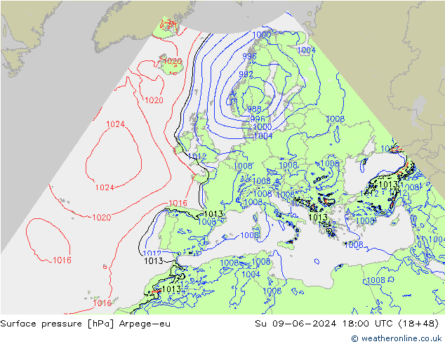 Surface pressure Arpege-eu Su 09.06.2024 18 UTC