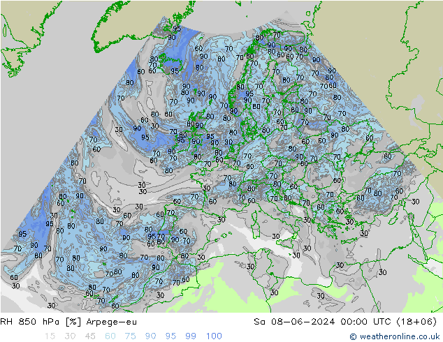 RH 850 hPa Arpege-eu sab 08.06.2024 00 UTC