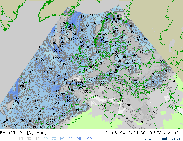 RH 925 hPa Arpege-eu so. 08.06.2024 00 UTC