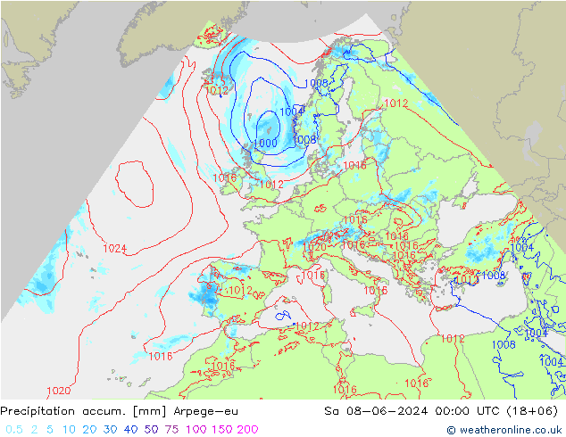 Precipitation accum. Arpege-eu сб 08.06.2024 00 UTC