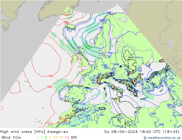 High wind areas Arpege-eu sáb 08.06.2024 18 UTC