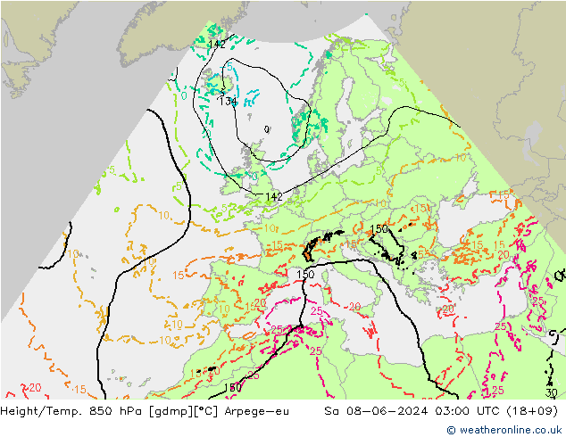 Height/Temp. 850 hPa Arpege-eu  08.06.2024 03 UTC