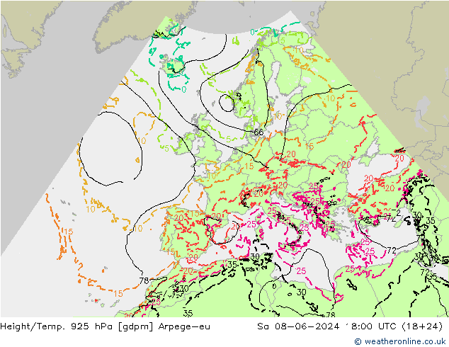 Height/Temp. 925 hPa Arpege-eu Sa 08.06.2024 18 UTC