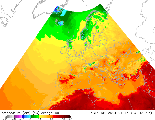 mapa temperatury (2m) Arpege-eu pt. 07.06.2024 21 UTC