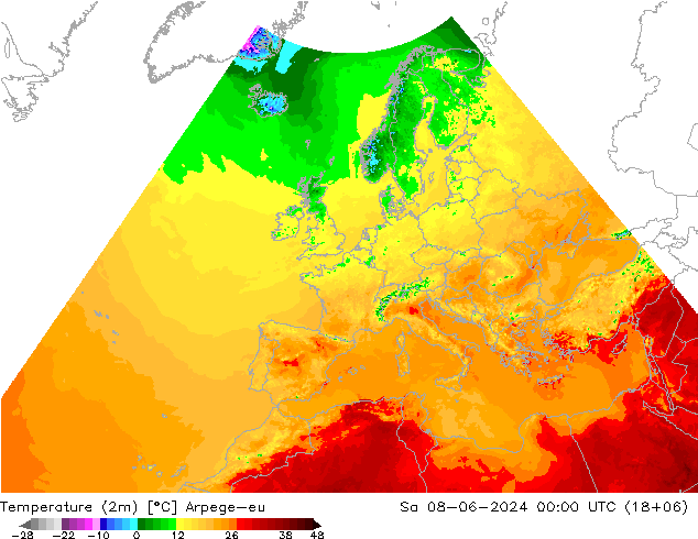 Temperatura (2m) Arpege-eu sáb 08.06.2024 00 UTC