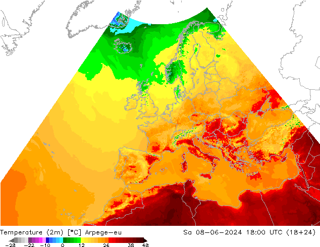 Temperature (2m) Arpege-eu Sa 08.06.2024 18 UTC