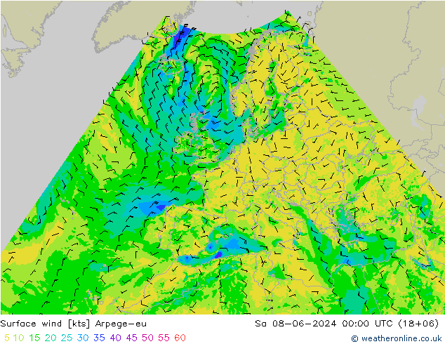 Viento 10 m Arpege-eu sáb 08.06.2024 00 UTC