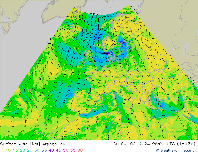 Vento 10 m Arpege-eu dom 09.06.2024 06 UTC