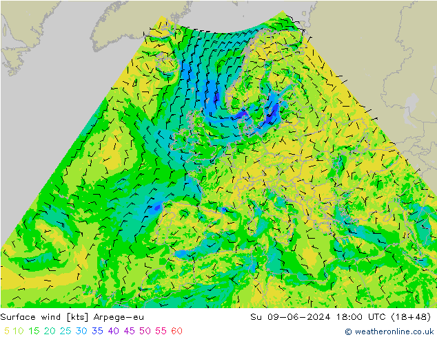 Surface wind Arpege-eu Su 09.06.2024 18 UTC