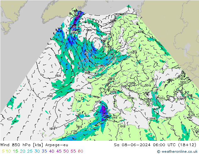 Vento 850 hPa Arpege-eu Sáb 08.06.2024 06 UTC