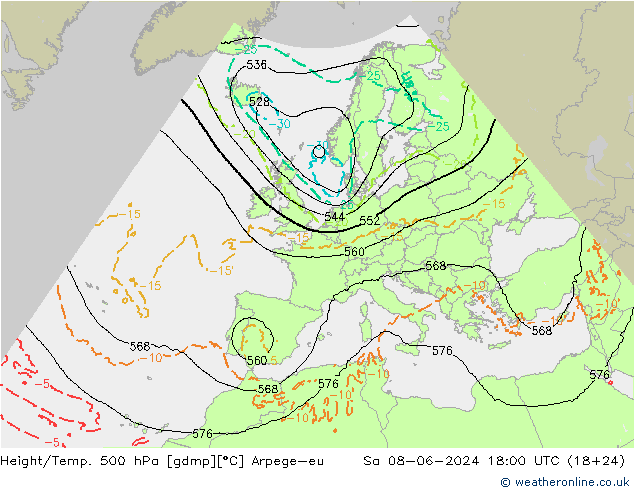 Height/Temp. 500 hPa Arpege-eu 星期六 08.06.2024 18 UTC