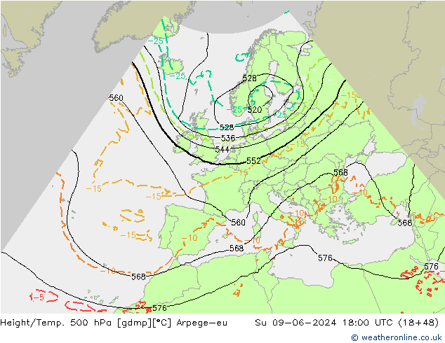 Geop./Temp. 500 hPa Arpege-eu dom 09.06.2024 18 UTC