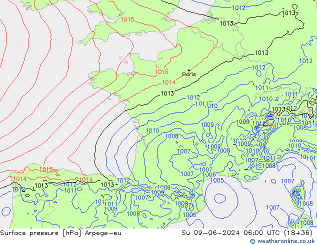 Pressione al suolo Arpege-eu dom 09.06.2024 06 UTC