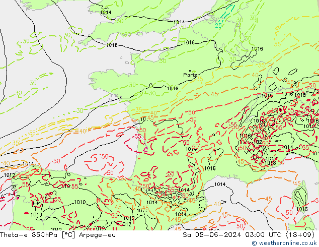 Theta-e 850hPa Arpege-eu Sáb 08.06.2024 03 UTC