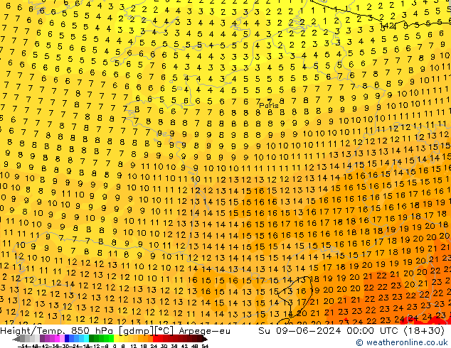 Hoogte/Temp. 850 hPa Arpege-eu zo 09.06.2024 00 UTC