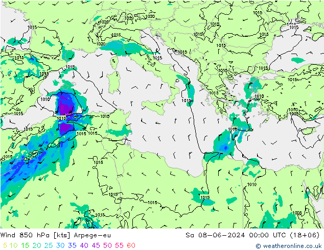 ветер 850 гПа Arpege-eu сб 08.06.2024 00 UTC