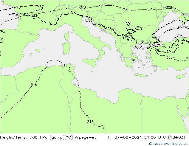 Height/Temp. 700 hPa Arpege-eu pt. 07.06.2024 21 UTC