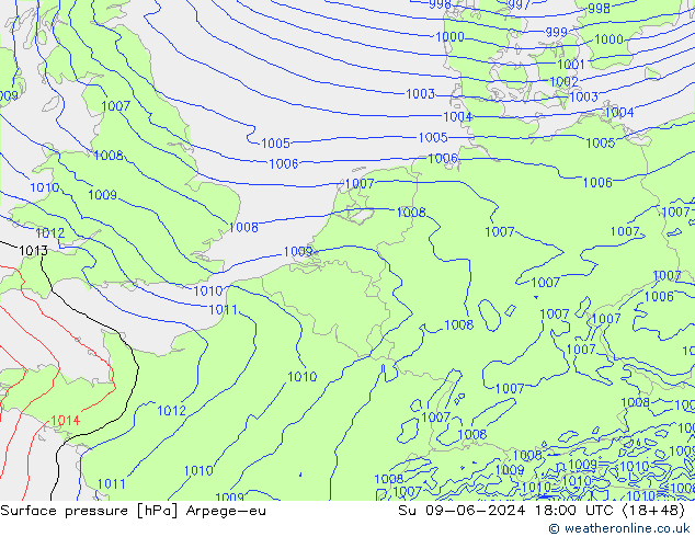 Surface pressure Arpege-eu Su 09.06.2024 18 UTC