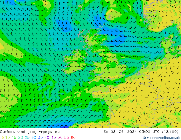 Vento 10 m Arpege-eu sab 08.06.2024 03 UTC