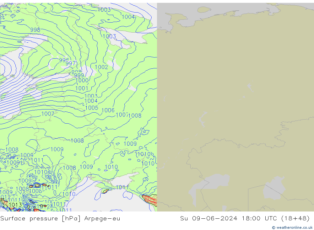 Luchtdruk (Grond) Arpege-eu zo 09.06.2024 18 UTC