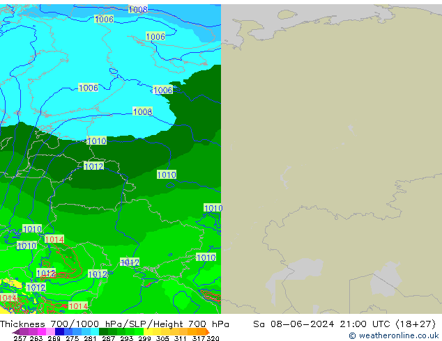 Schichtdicke 700-1000 hPa Arpege-eu Sa 08.06.2024 21 UTC