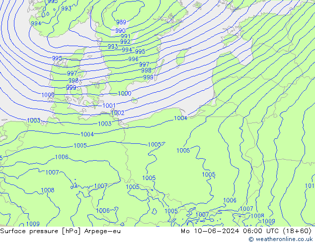 Surface pressure Arpege-eu Mo 10.06.2024 06 UTC