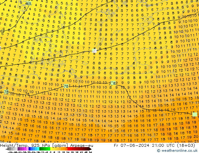 Height/Temp. 925 hPa Arpege-eu ven 07.06.2024 21 UTC