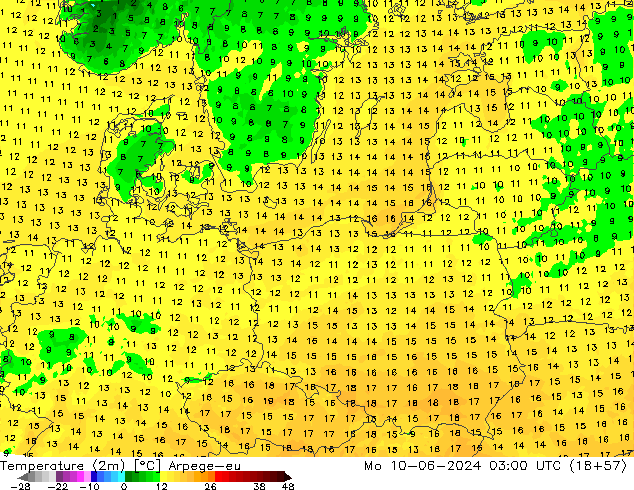 Temperatuurkaart (2m) Arpege-eu ma 10.06.2024 03 UTC
