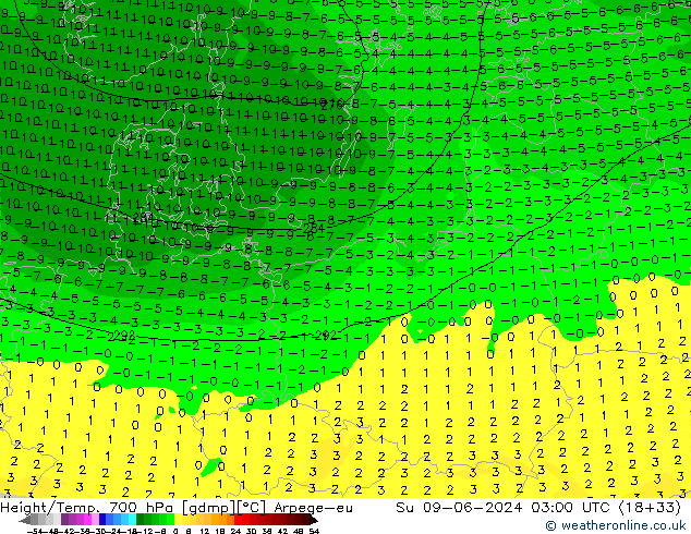 Hoogte/Temp. 700 hPa Arpege-eu zo 09.06.2024 03 UTC