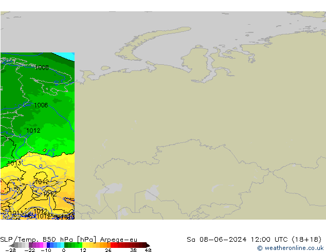 SLP/Temp. 850 hPa Arpege-eu Sa 08.06.2024 12 UTC