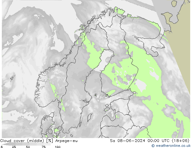 Cloud cover (middle) Arpege-eu Sa 08.06.2024 00 UTC